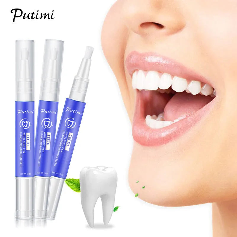 White teeth whitening pen with applicator tip on blue background
