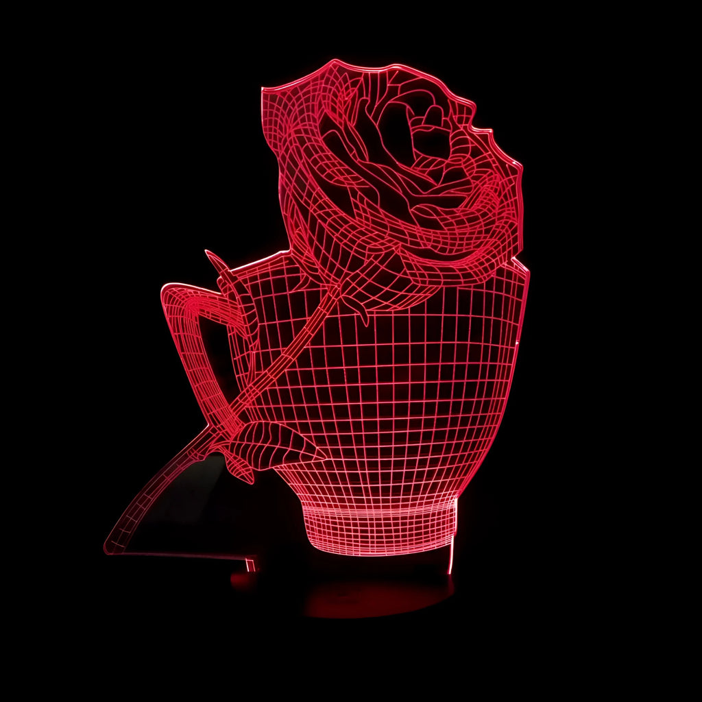 3D acrylic rose flower night light on ABS base with seven colour changing LED options.