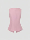 Women's cotton sleeveless vest round neck waist-tight fit solid colour black front view