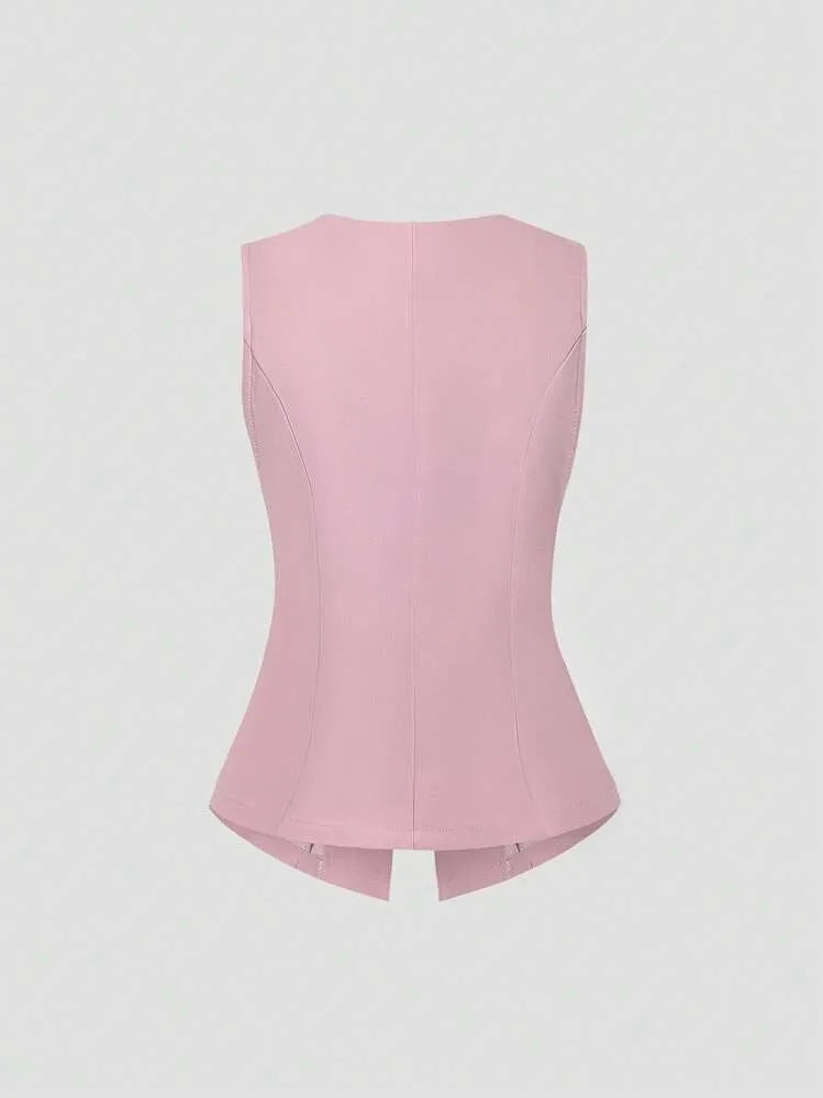 Women's cotton sleeveless vest round neck waist-tight fit solid colour black front view