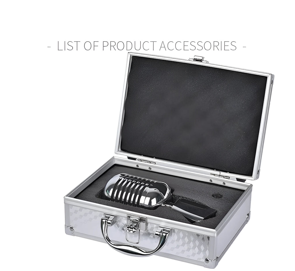 Retro black or silver metal wired microphone with cardioid pickup for stage and home use.