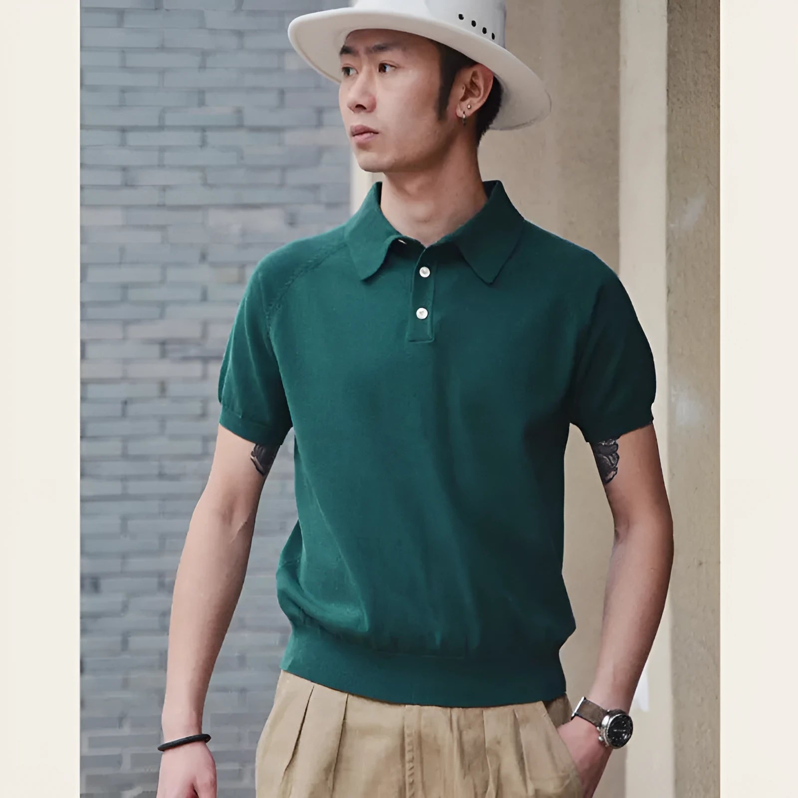 Retro knitted cotton short-sleeved T-shirt in slim fit on a hanger