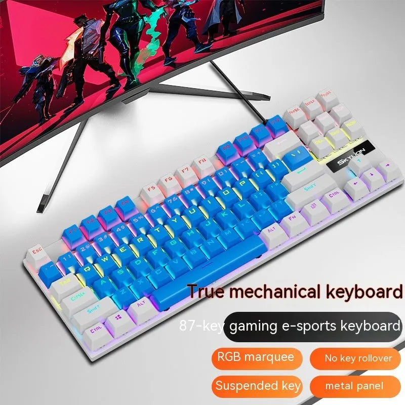 K87 mechanical wired keyboard with metal frame shown in blue white colour with green mechanical switches.