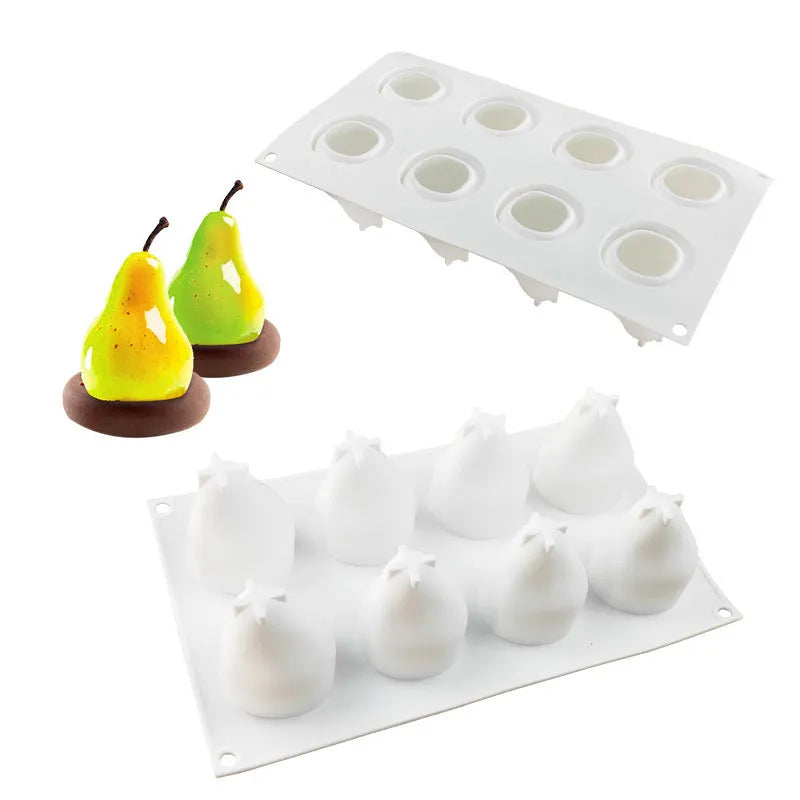 Silicone baking mould with six cavities shaped as pine cones, pineapples, and pears