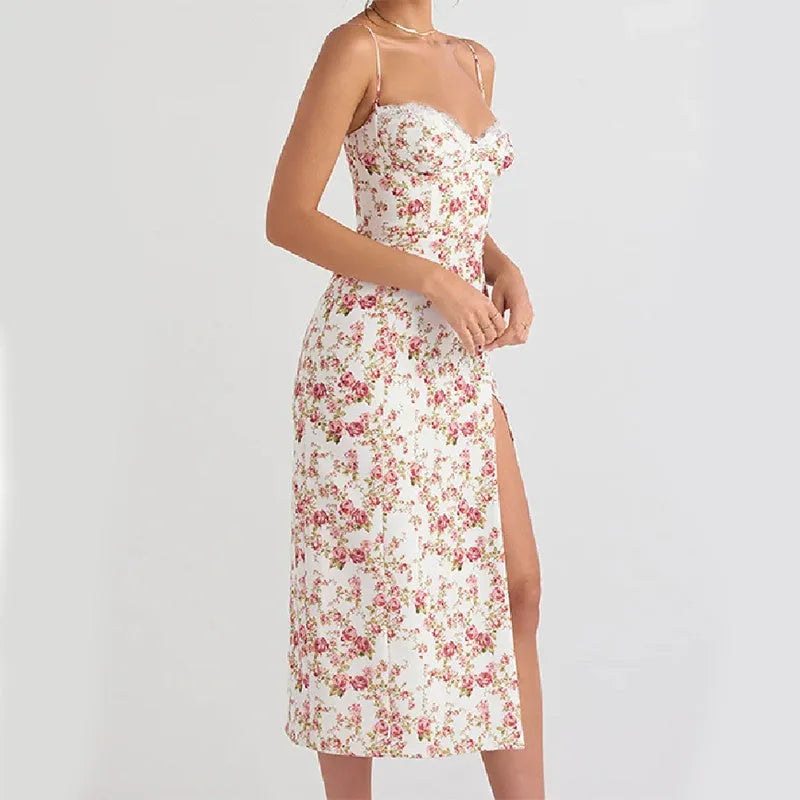 Lace flowers print long dress with front slit and suspender straps in solid colour options