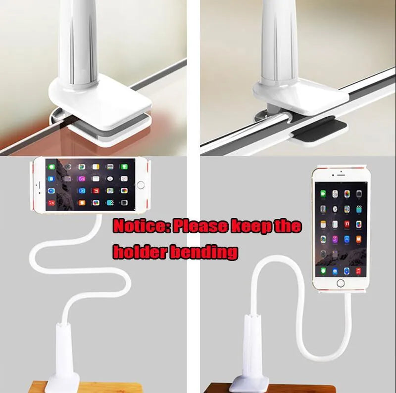 Black bedside oversize flat panel phone holder with a long flexible arm mounted on a table.