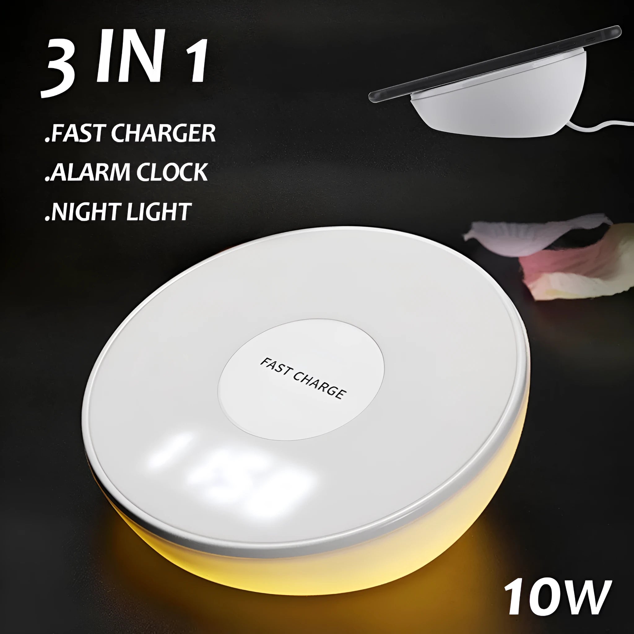 White wireless phone charger with LED clock display showing time, 115mm wide with three control buttons