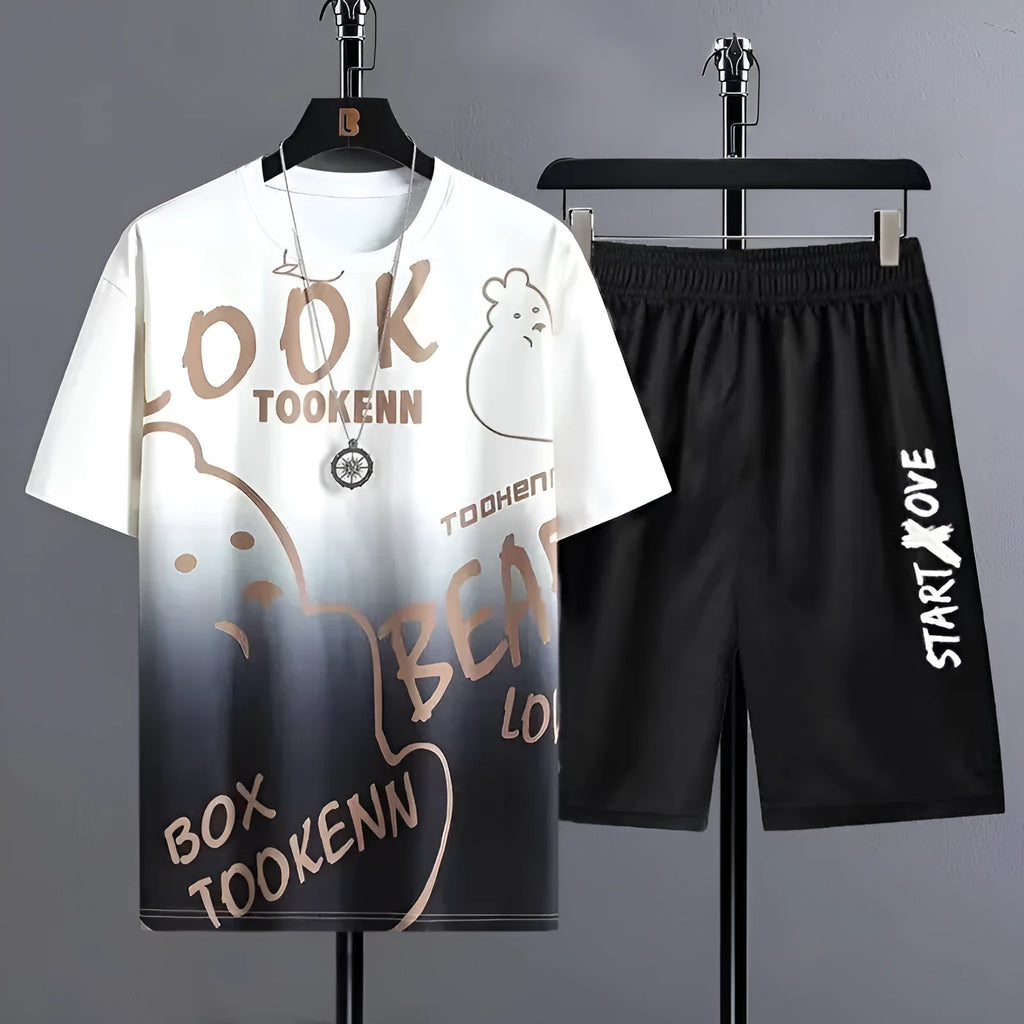 Men's light grey polyester shorts suit with short sleeves and matching shorts for summer.