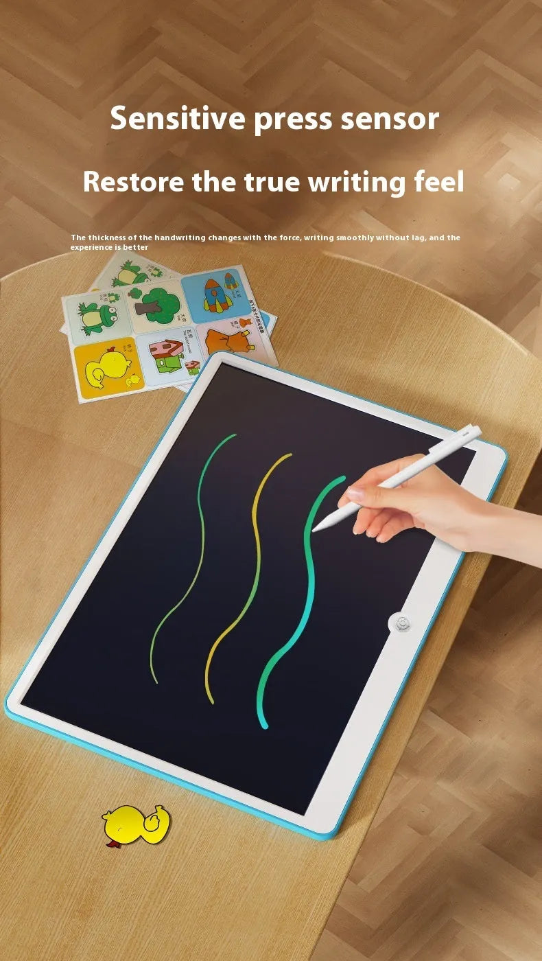 19-inch blue and white LCD children's drawing board with stylus on a pink background.
