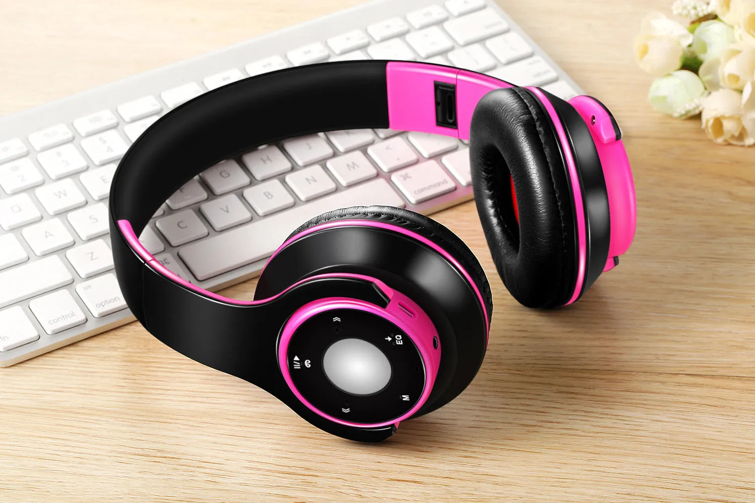 Foldable wireless Bluetooth headset shown in blue, with adjustable hinges and an SD card slot.