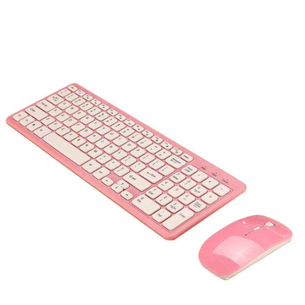 Black wireless keyboard and mouse set with 96 keys and a small USB receiver on a desk.