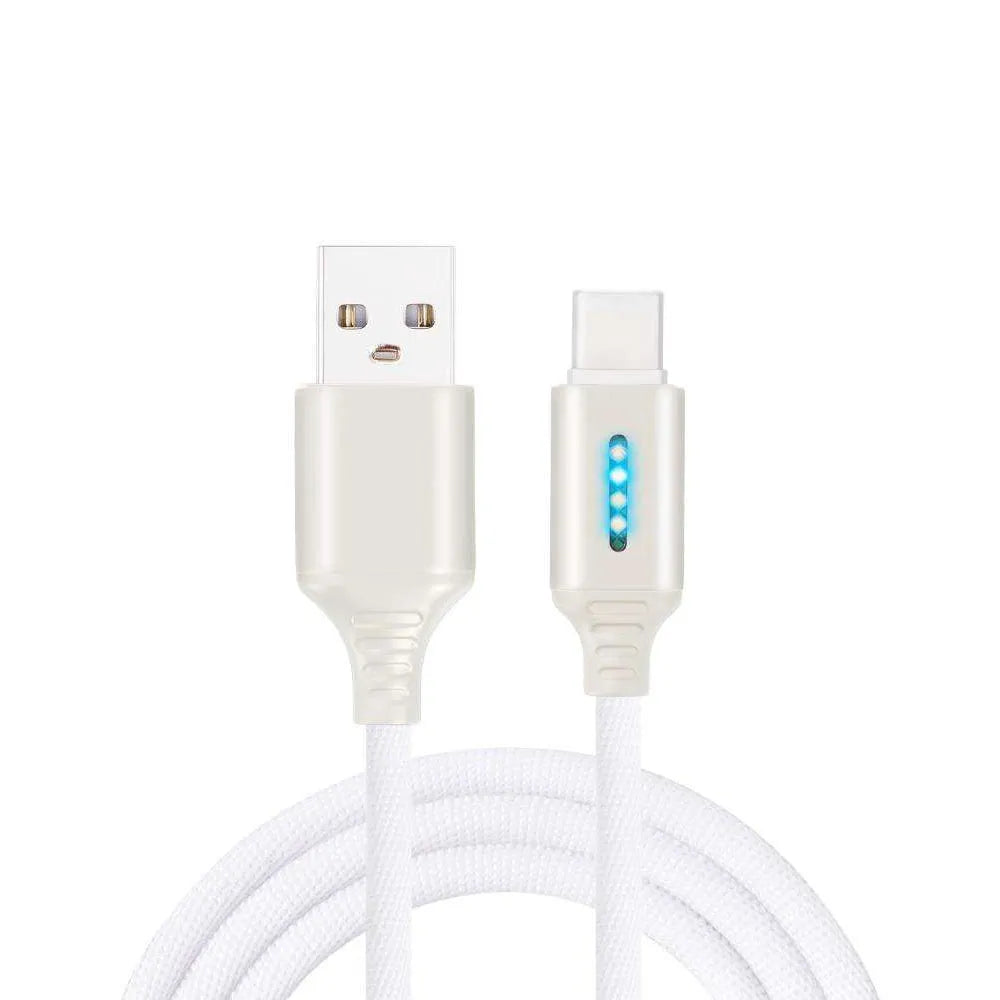 Black fabric braided USB charging cable with Type-C connector, shown at full 1-metre length.