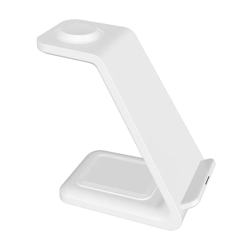 White upright wireless phone charger with dual-coil design and QC3.0 support on a desk.