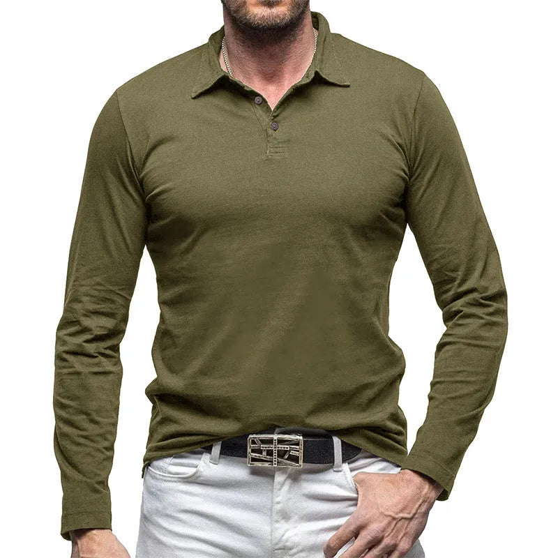 Men's polo collar long sleeve T-shirt in American retro style cotton fabric