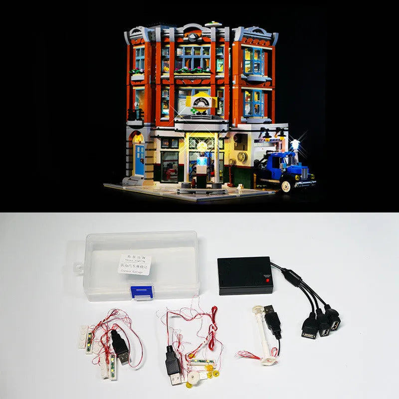 Plastic MOC model LED lighting accessory parts in a corner repair shop theme.