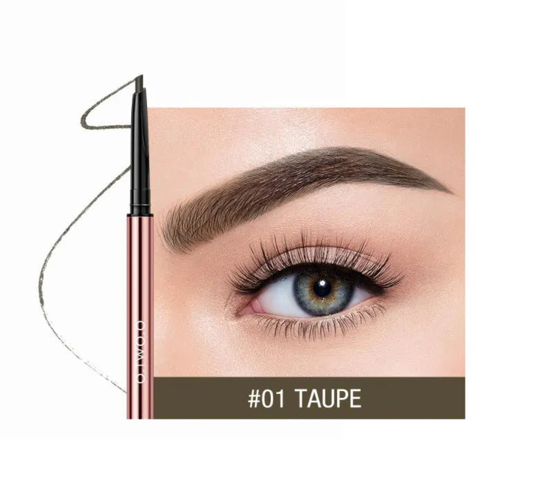 Triangular eyebrow pencil in plastic case with six shade options including blonde, taupe and dark brown