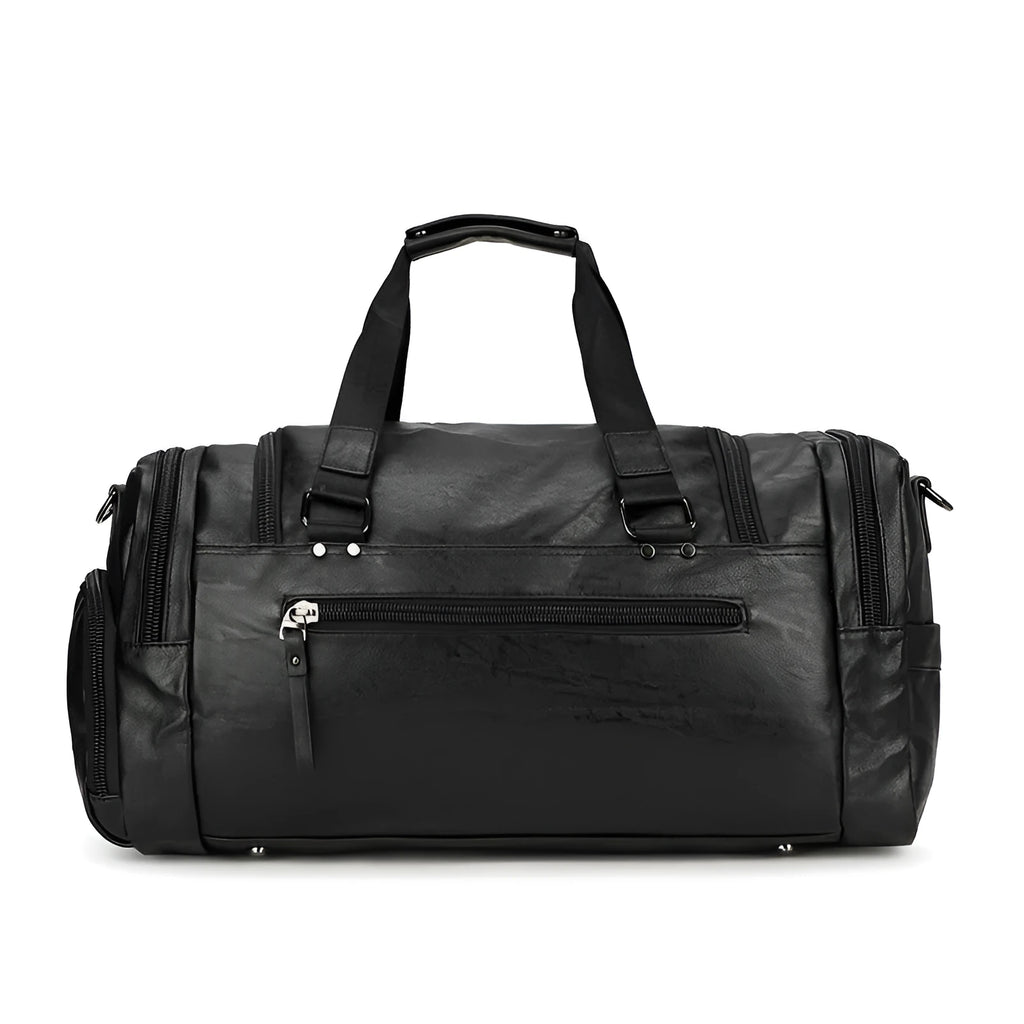 Black wheeled duffle travel bag with telescopic handle and separate shoe compartment