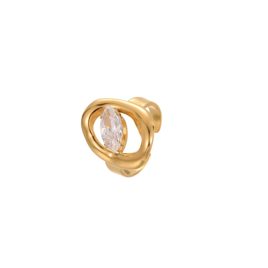 Geometric stainless steel women's ring with adjustable open mouth design and zircon details
