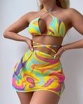 Yellow striped halter-neck lace-up swimsuit for women with matching shorts and skirt