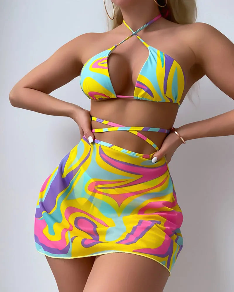 Yellow striped halter-neck lace-up swimsuit for women with matching shorts and skirt