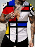 Men's slim fit short sleeve shirt with geometric line printing on lapel in polyester fabric