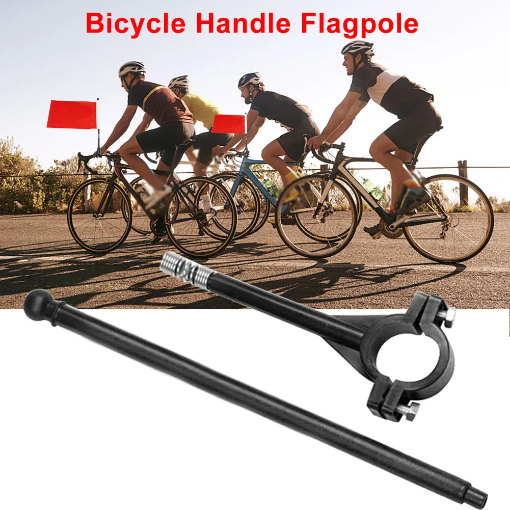Plastic handlebar pole with attached square polyester cycling flag on a bicycle.