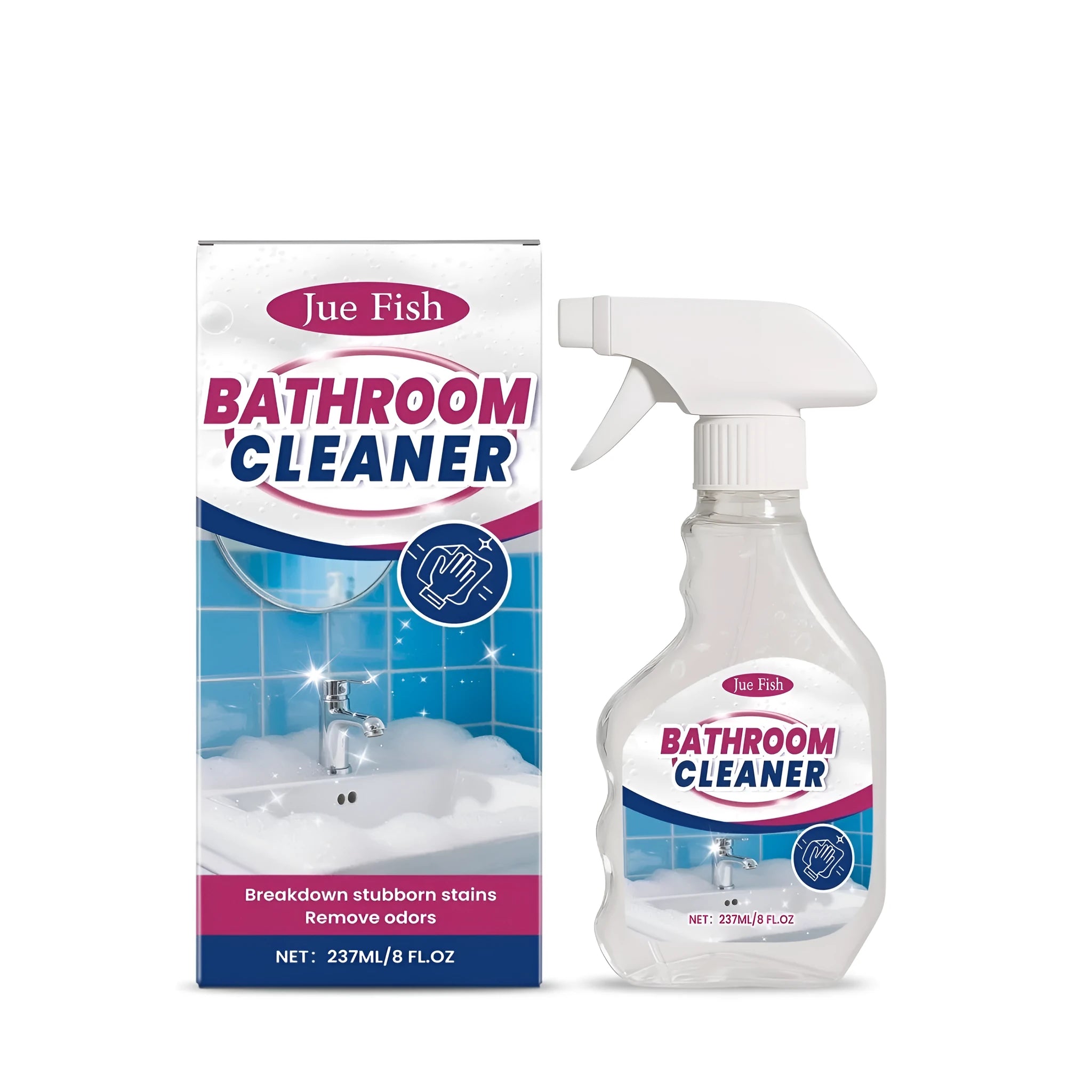 237 ml spray bottle of bathroom cleaner with sodium hypochlorite on a bathroom sink.