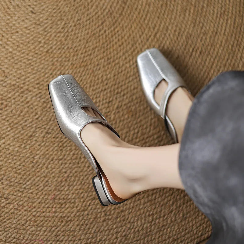 British style square toe slippers in black, beige or silver with low heel and casual design