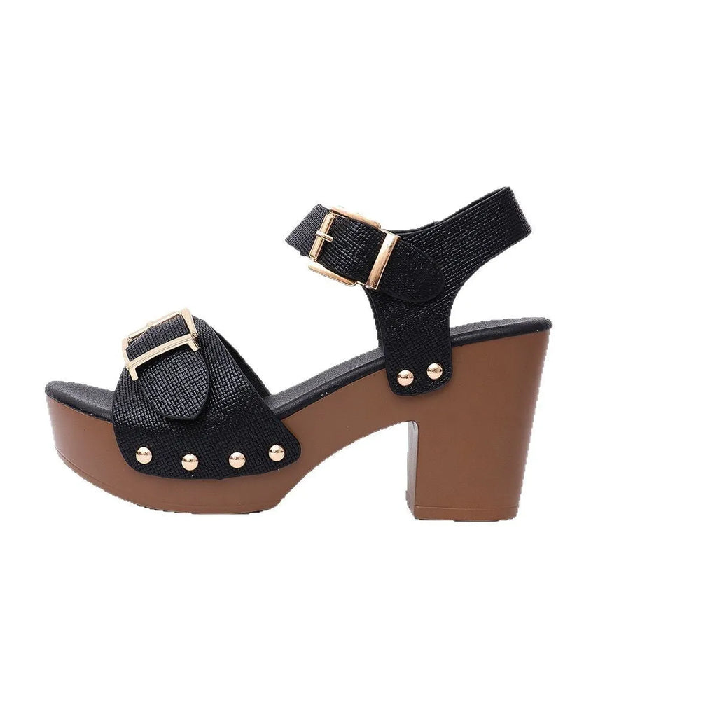 Women's beige plus size thick high heel sandals with buckle and rivet detail on the strap