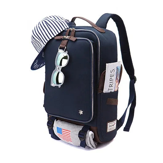 Korean style Oxford cloth men's backpack in seven colour options showing 30cm width by 16cm depth by 46cm height dimensions