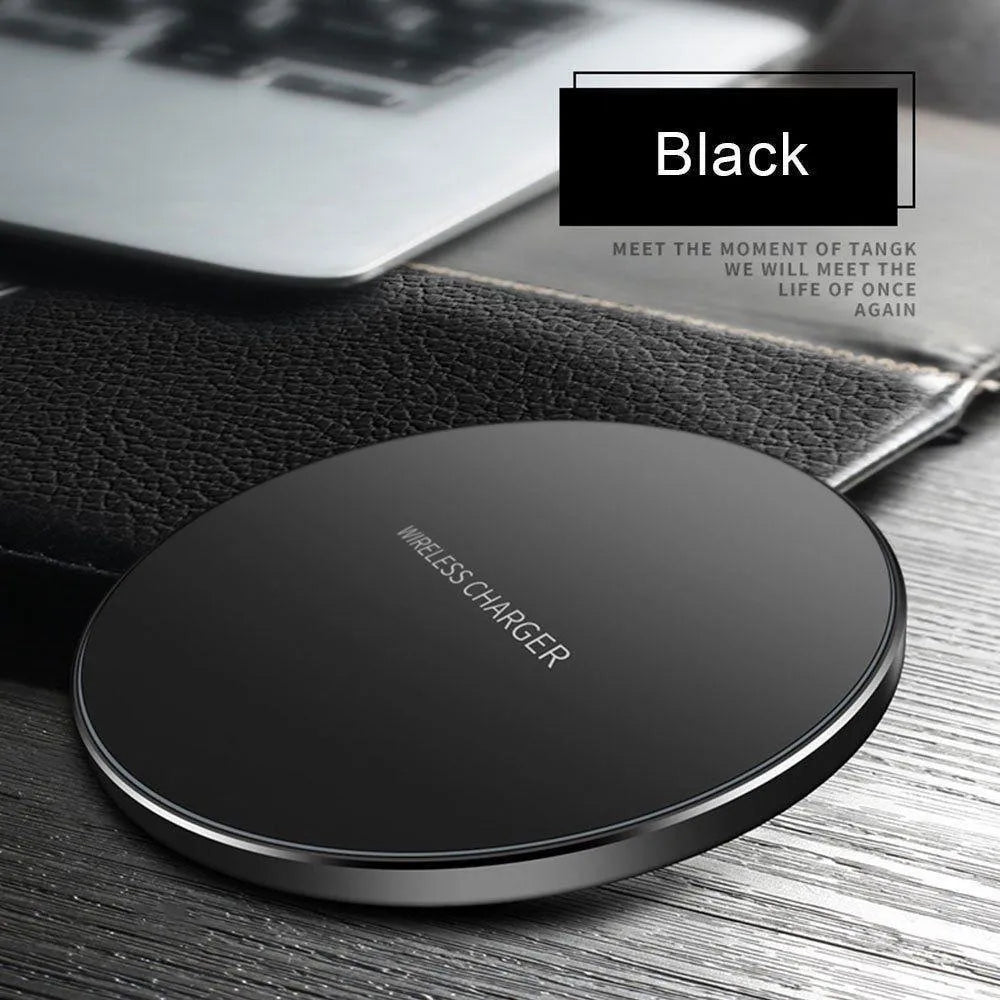 Black ultra-thin wireless charging pad with 9V fast charging for smartphones