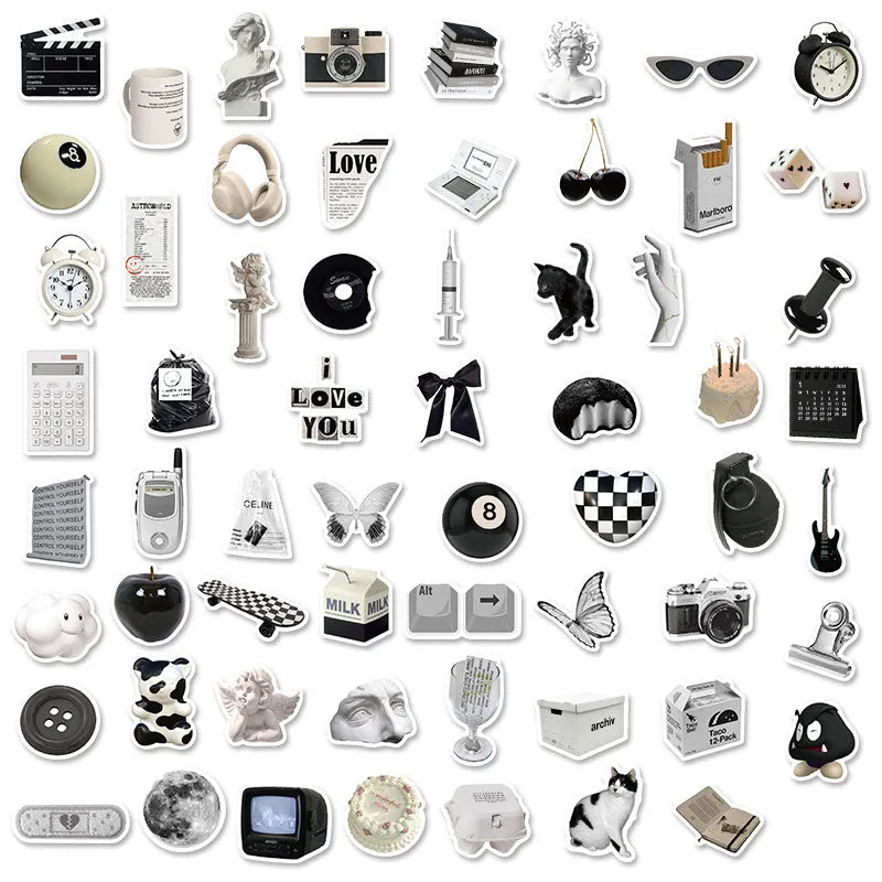 Black and white PVC waterproof sticker set with 61 pieces for laptop and phone decoration