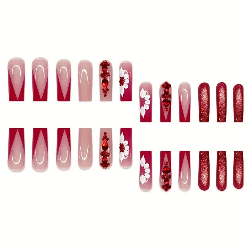 Sweet flower pattern fake nails with prismatic red diamond accents, jelly glue and nail file