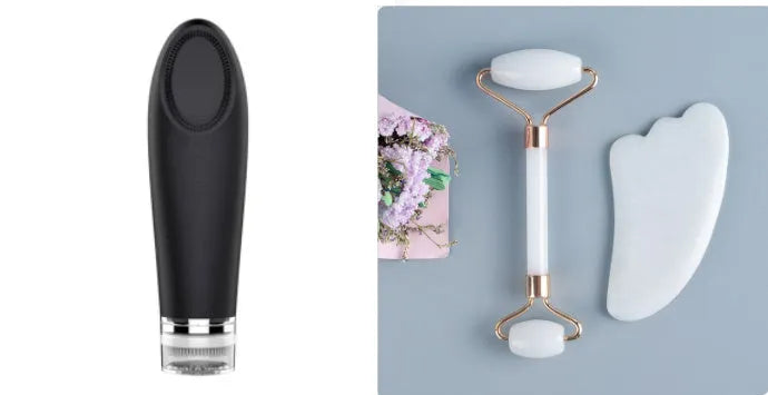 White jade facial roller and gua sha board set for skincare massage