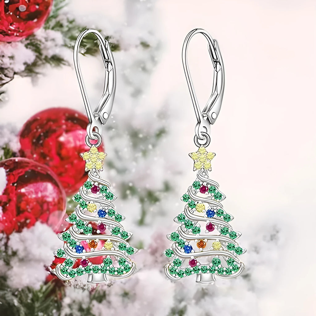 Women's Christmas tree earrings with star shape in white gold colour on copper base