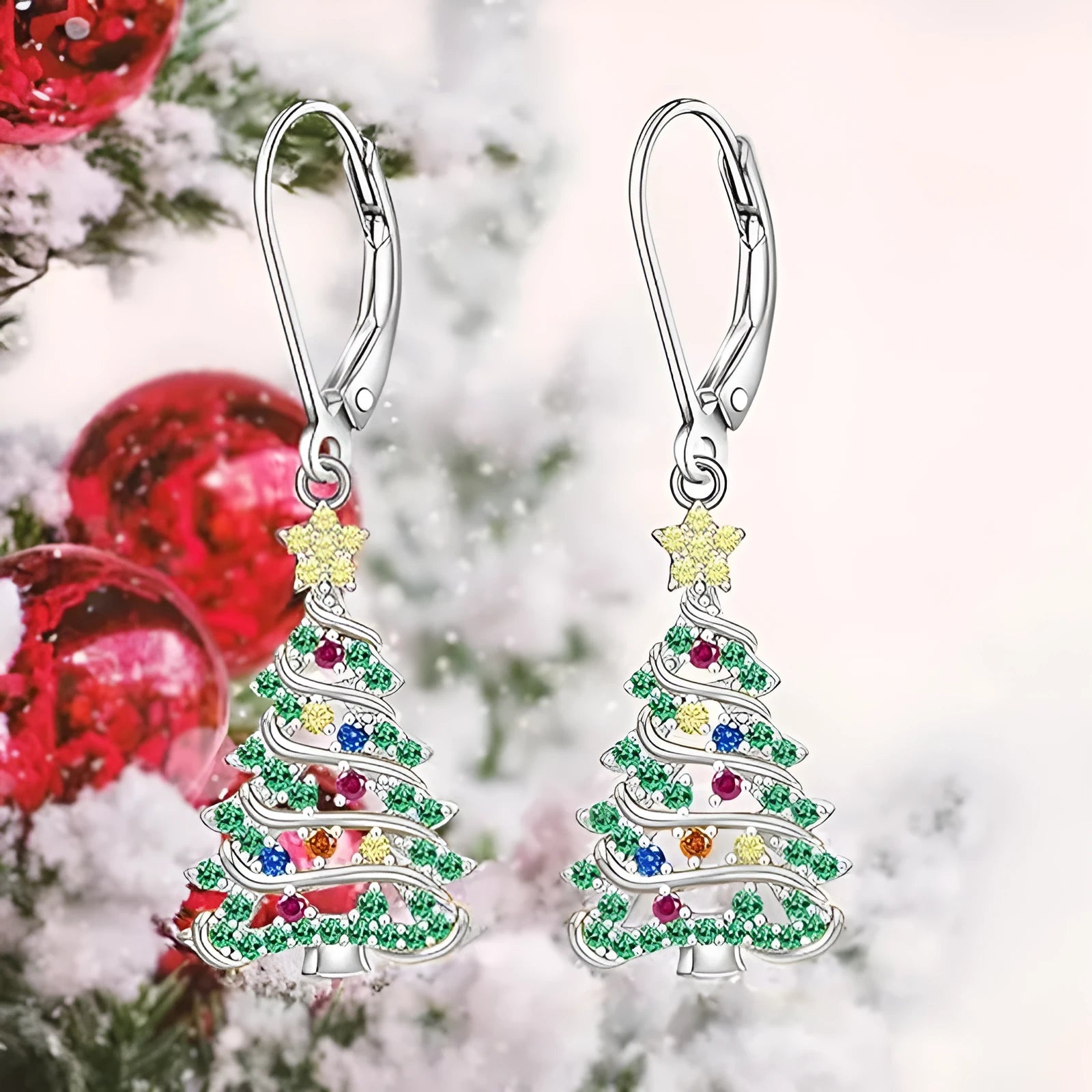 Women's Christmas tree earrings with star shape in white gold colour on copper base