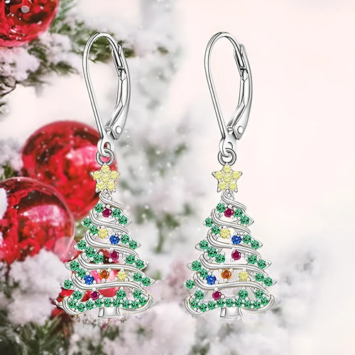 Women's Christmas tree earrings with star shape in white gold colour on copper base