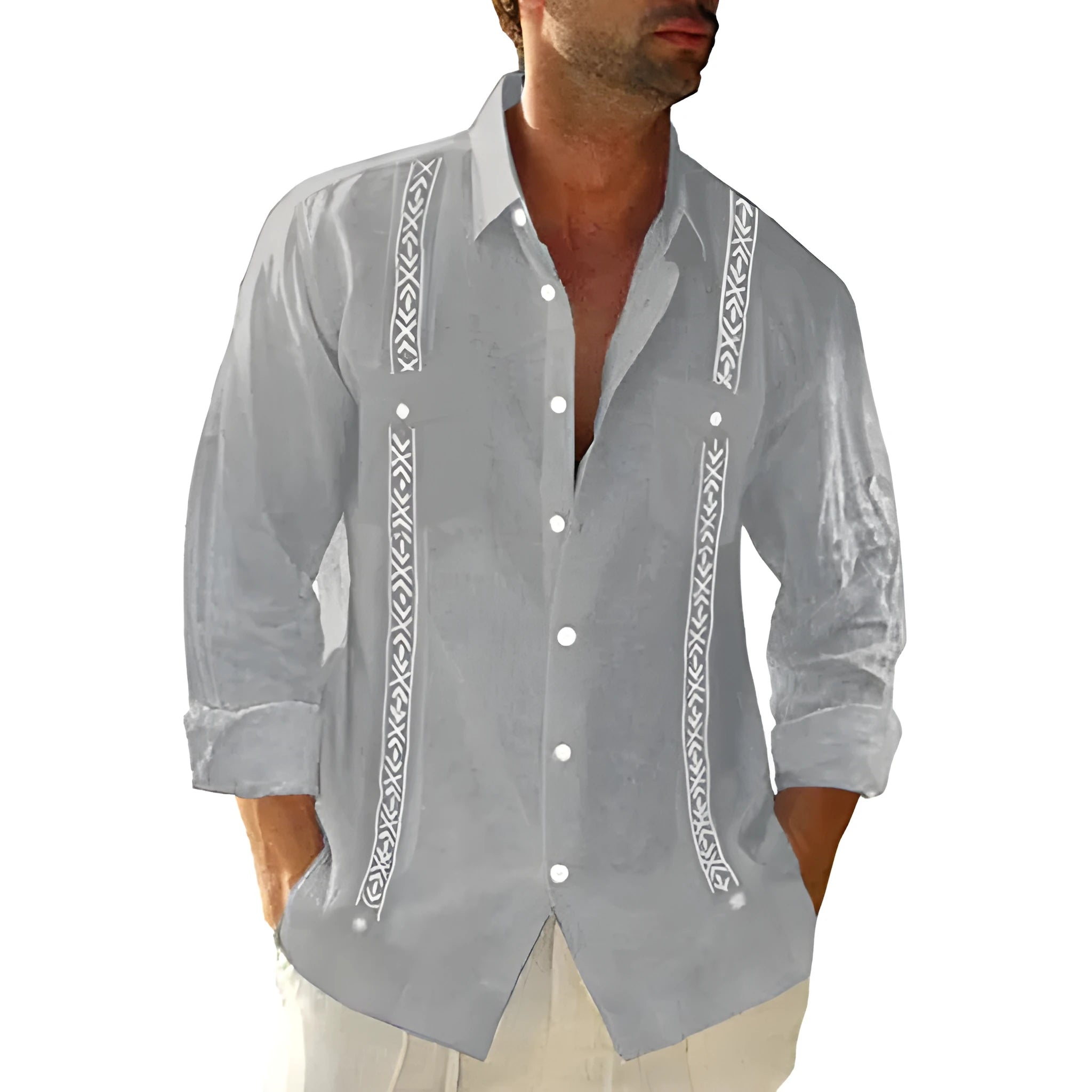 Men's polyester Cuban shirt in blue colour with button front and collar, shown on a model
