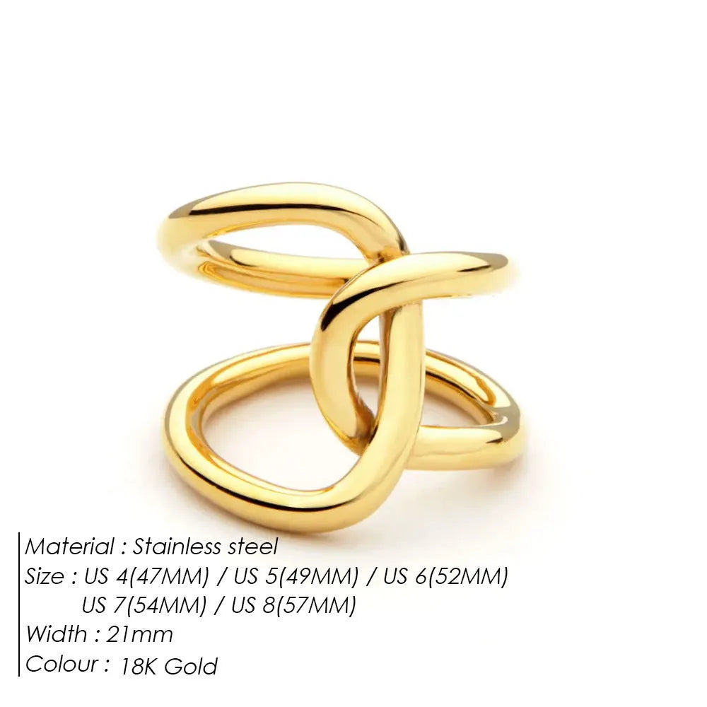 A geometric knotted adjustable ring for women in stainless steel, shown in gold and steel colour finishes.