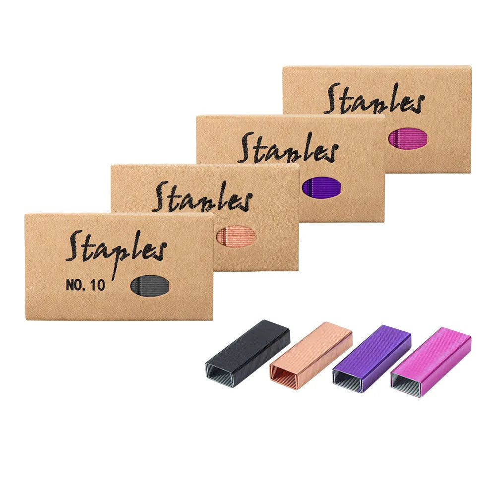 Box of 1000 metal office staples in rose gold, black, purple, and rose red colour options