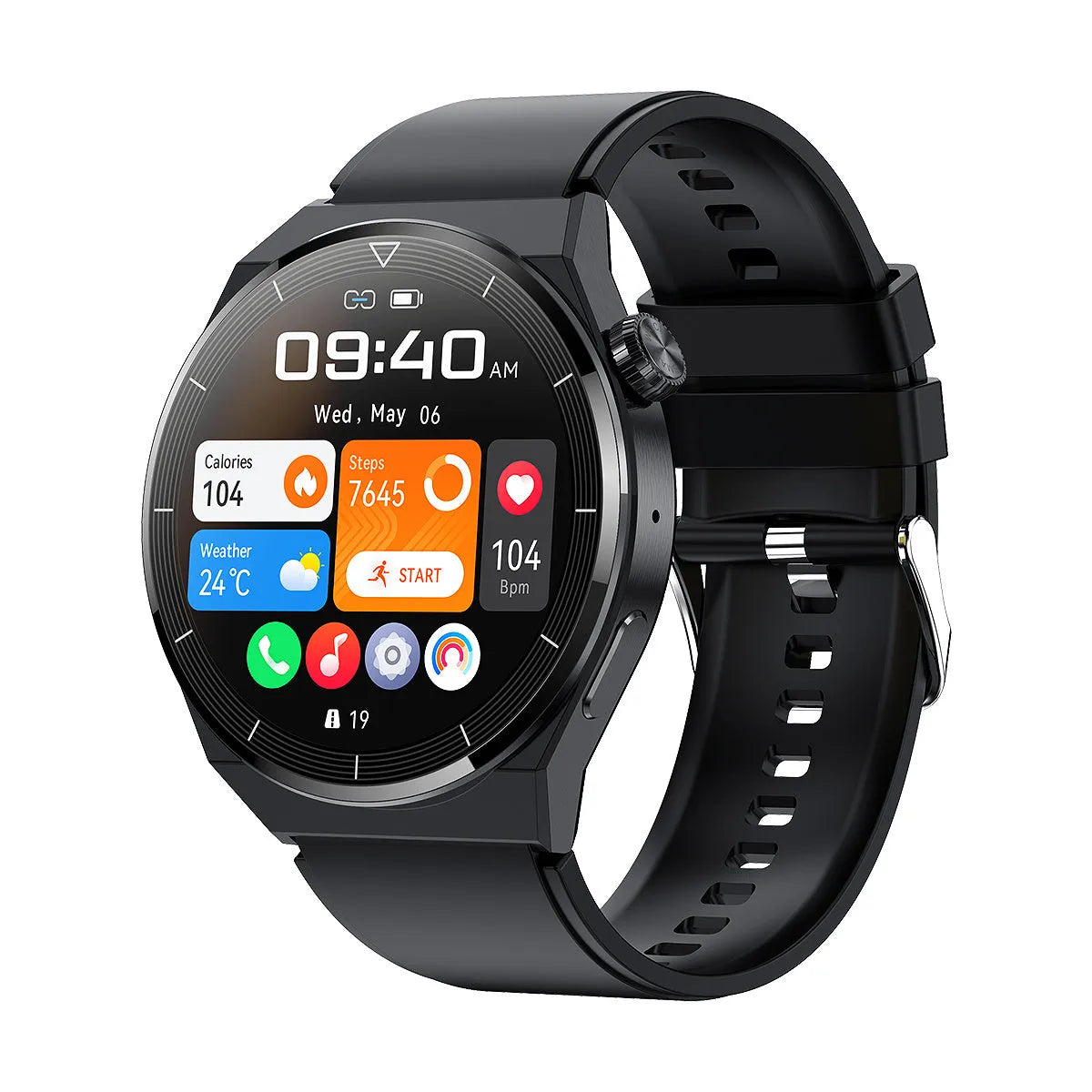Black or silver Android smart watch with round display showing Bluetooth calling and NFC access control interface
