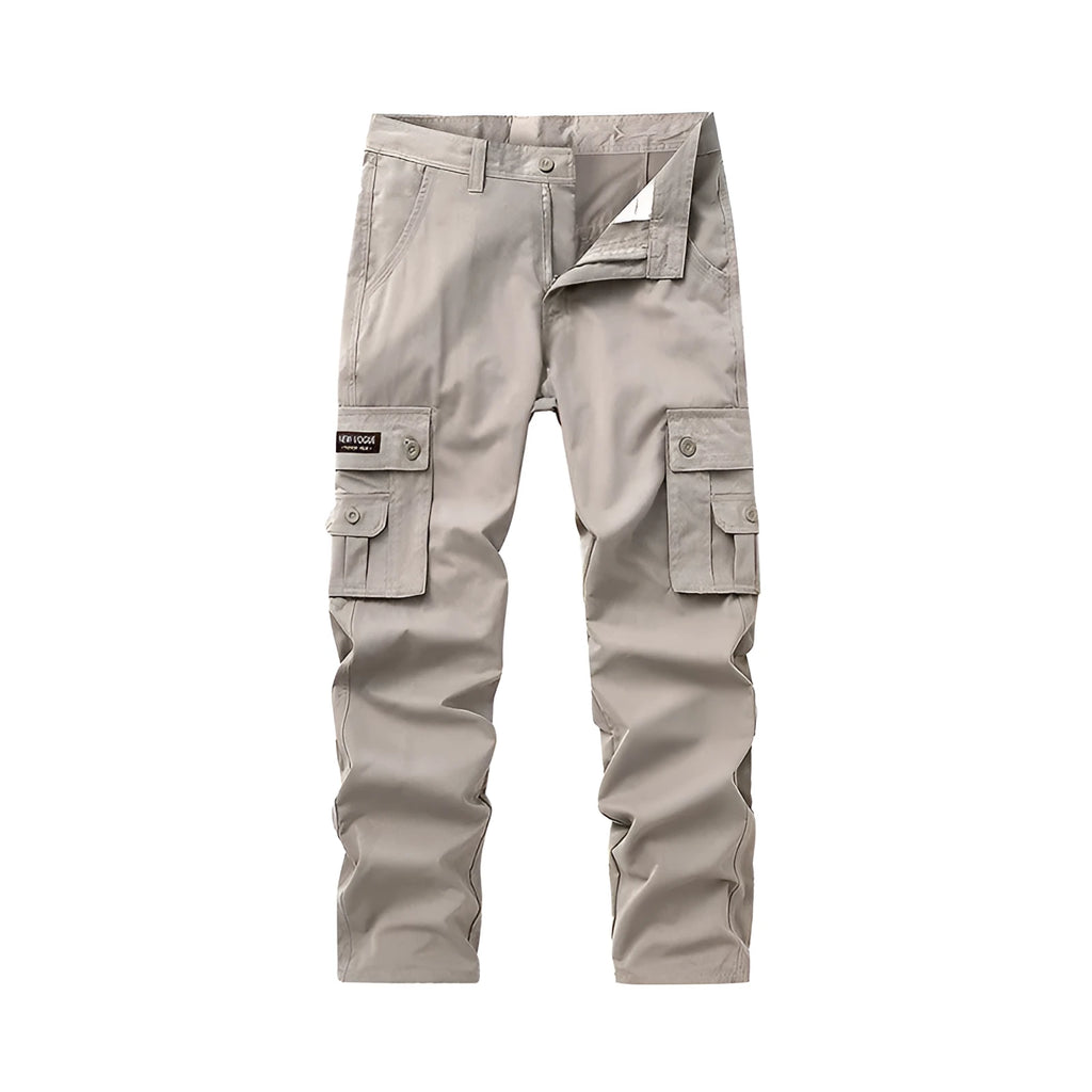 Multi-pocket cargo trousers in pure cotton with straight leg and drawstring mid waist in khaki green