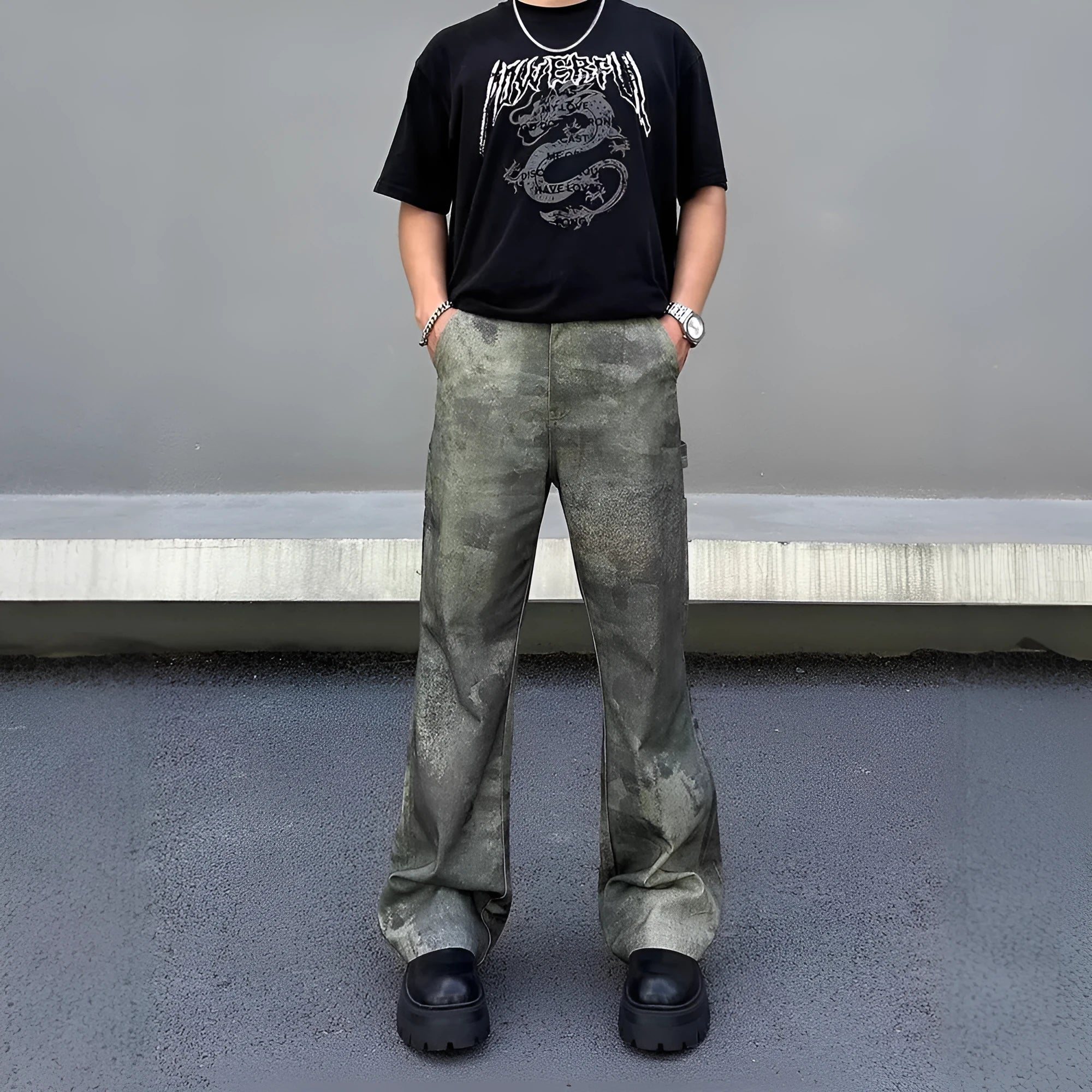 Man wearing retro digital camouflage print straight-leg jeans in cotton denim.