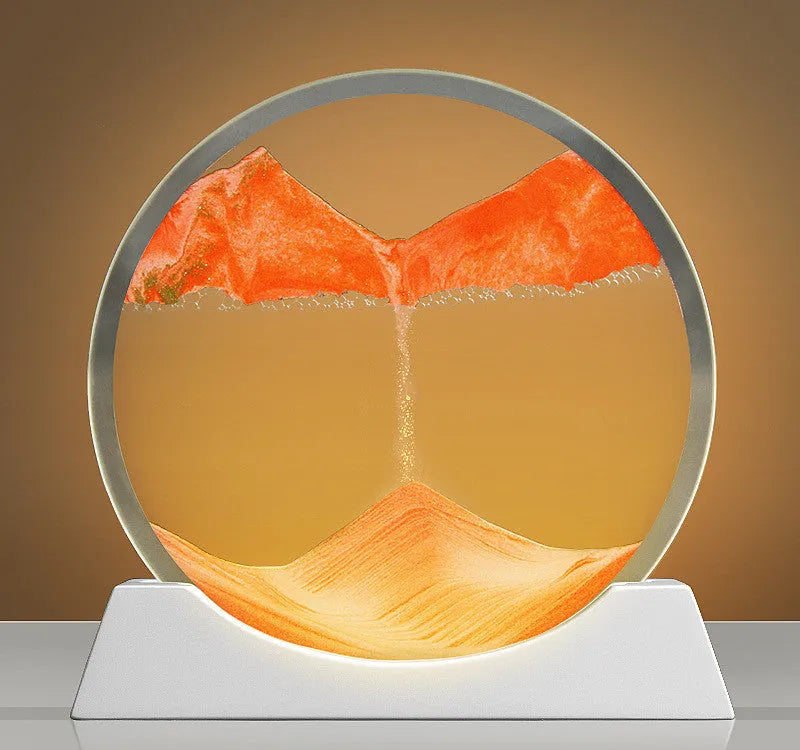 Rotating quicksand painting inside a modern 12-inch glass night lamp on a desktop