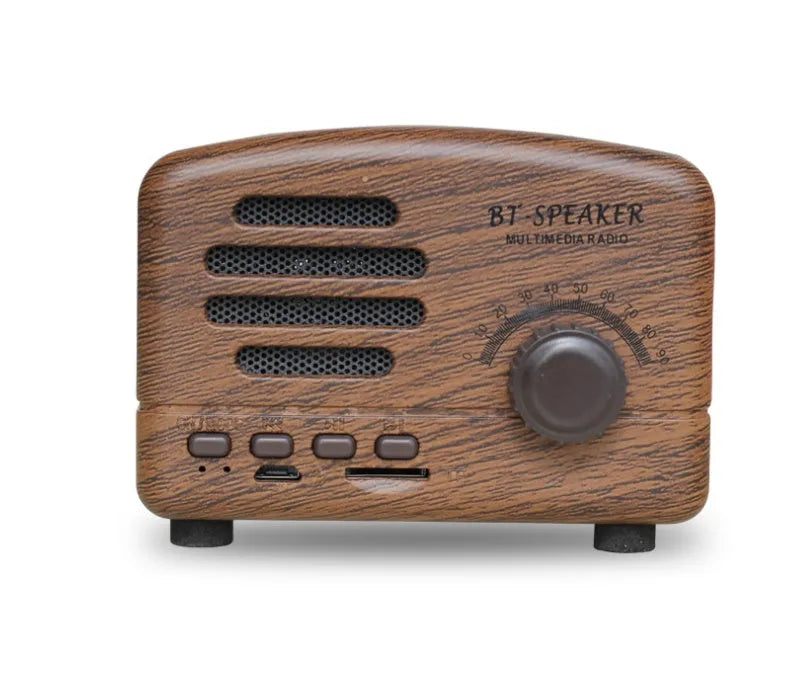 Vintage wood grain finish Bluetooth speaker showing front controls and compact 93x70x59mm dimensions