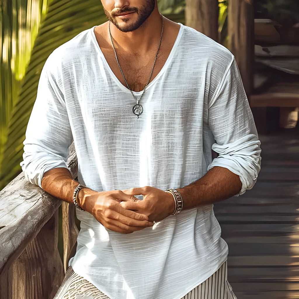 Beige slim fit long-sleeved V-neck top made from a hemp blend fabric.