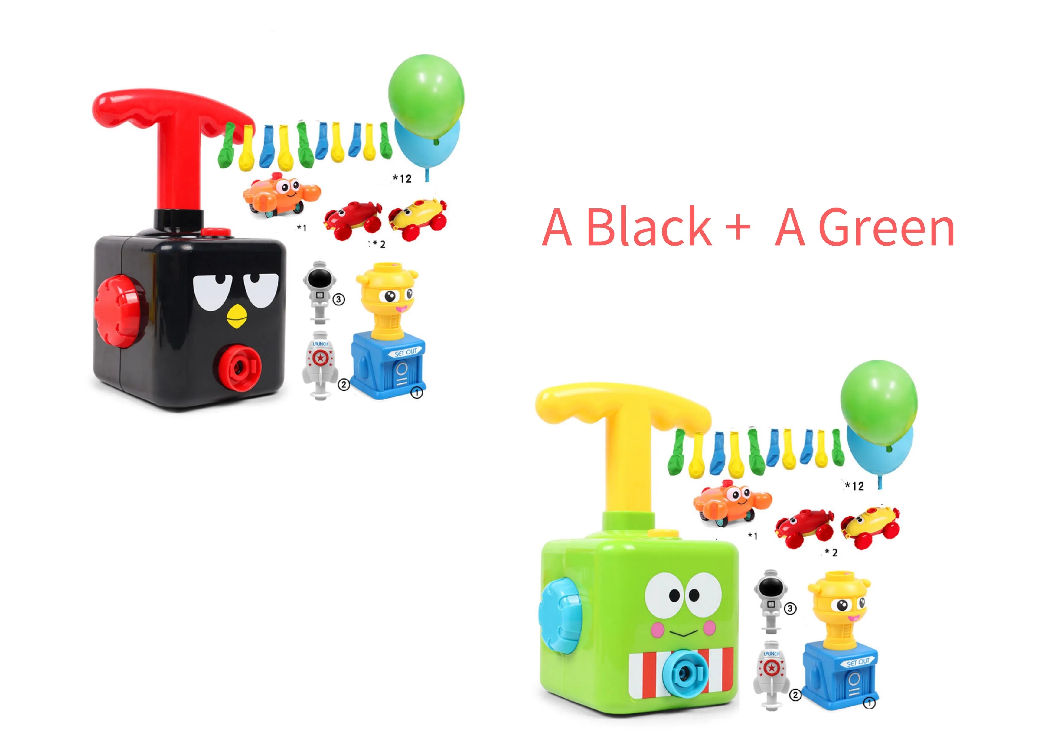 Balloon launch tower toy car with inflated balloon on a white surface