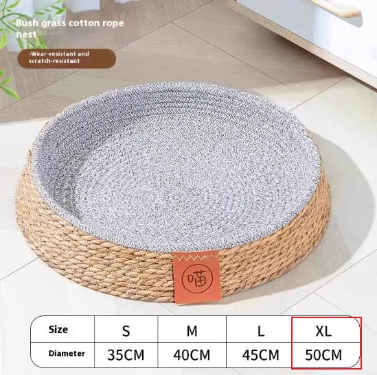 Woven rattan cat bed nest shown in one of four available sizes: S, M, L, or XL.