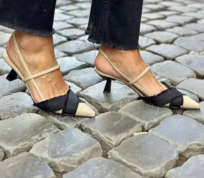 Women's apricot and black colour block stiletto heel sandals with pointed toe and buckle closure