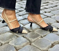 Women's apricot and black colour block stiletto heel sandals with pointed toe and buckle closure
